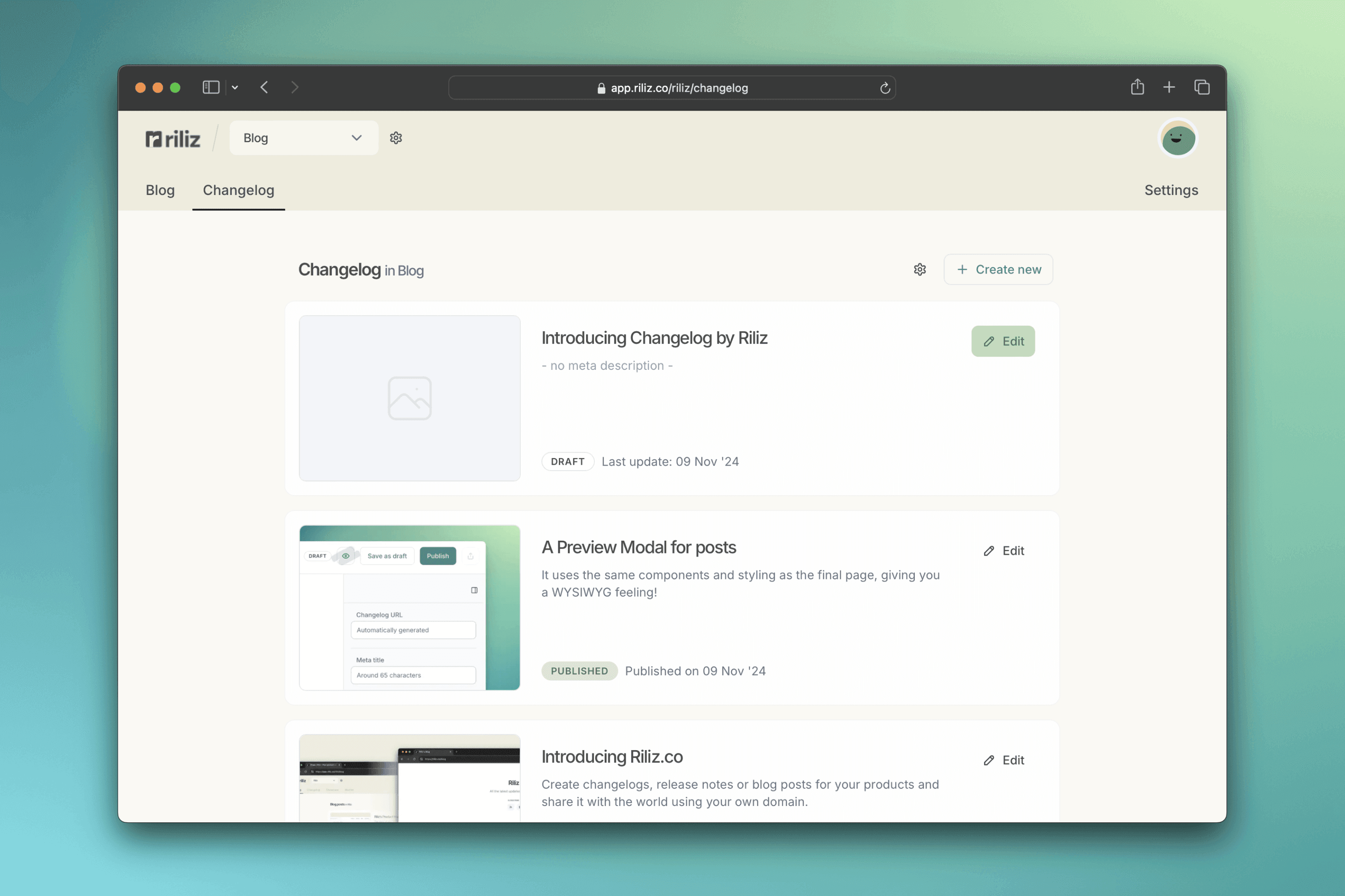 Changelog dashboard view